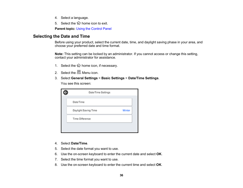 Selecting the date and time | Epson SureColor P8570DL 44" Wide-Format Dual Roll Printer with High-Capacity 1.6L Ink Pack System User Manual | Page 36 / 462