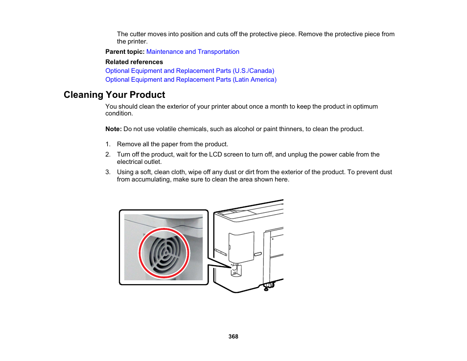 Cleaning your product | Epson SureColor P8570DL 44" Wide-Format Dual Roll Printer with High-Capacity 1.6L Ink Pack System User Manual | Page 368 / 462