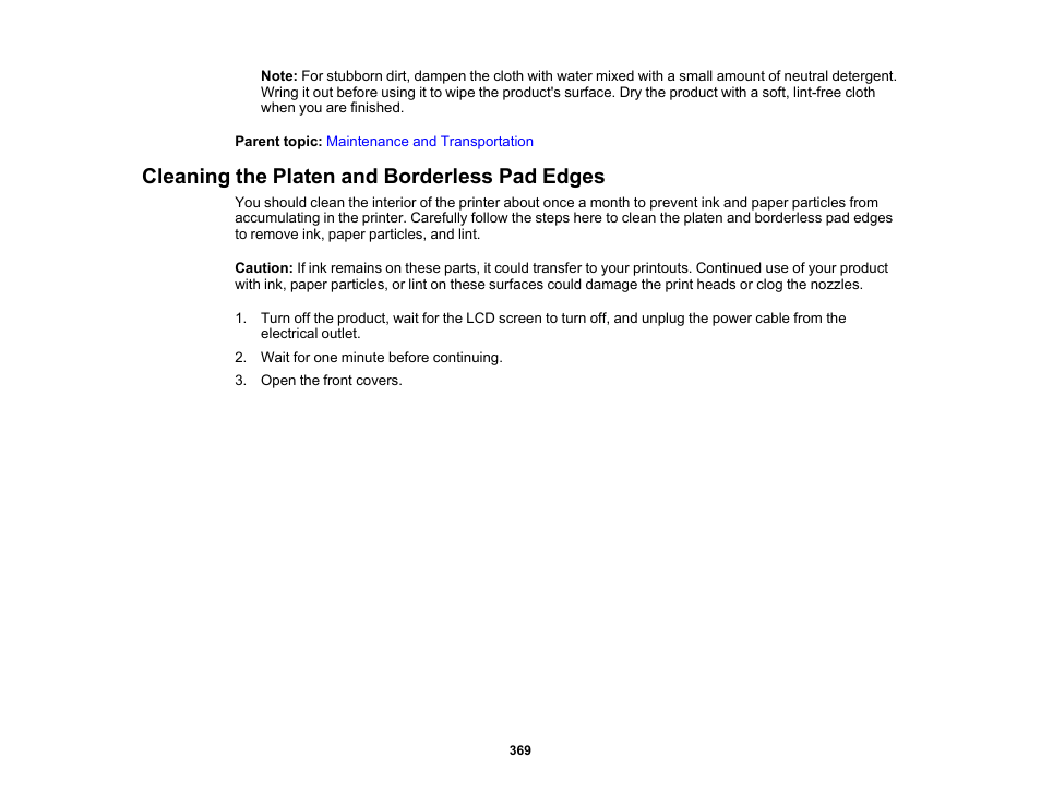 Cleaning the platen and borderless pad edges | Epson SureColor P8570DL 44" Wide-Format Dual Roll Printer with High-Capacity 1.6L Ink Pack System User Manual | Page 369 / 462