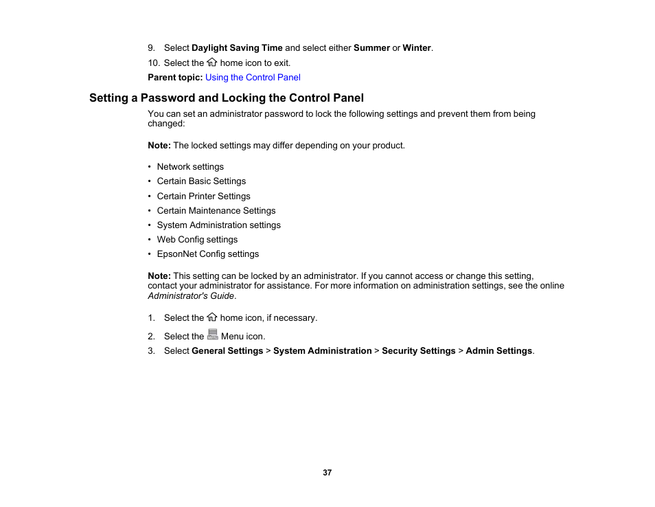 Setting a password and locking the control panel | Epson SureColor P8570DL 44" Wide-Format Dual Roll Printer with High-Capacity 1.6L Ink Pack System User Manual | Page 37 / 462