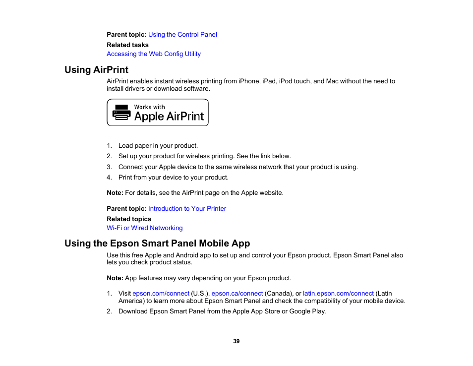 Using airprint, Using the epson smart panel mobile app | Epson SureColor P8570DL 44" Wide-Format Dual Roll Printer with High-Capacity 1.6L Ink Pack System User Manual | Page 39 / 462