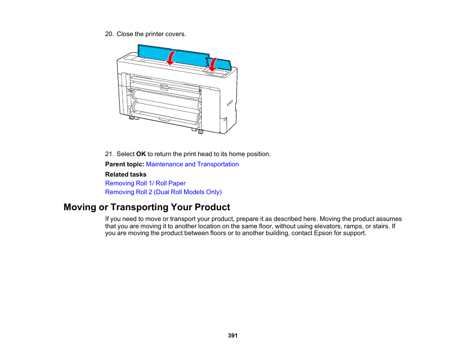 Moving or transporting your product | Epson SureColor P8570DL 44" Wide-Format Dual Roll Printer with High-Capacity 1.6L Ink Pack System User Manual | Page 391 / 462