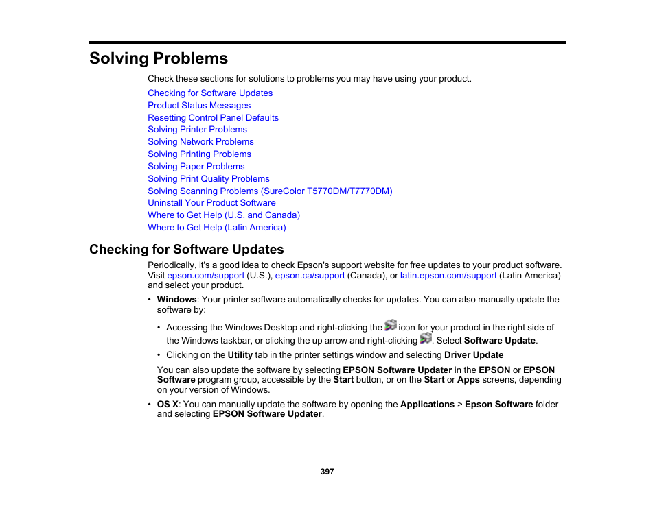 Solving problems, Checking for software updates | Epson SureColor P8570DL 44" Wide-Format Dual Roll Printer with High-Capacity 1.6L Ink Pack System User Manual | Page 397 / 462