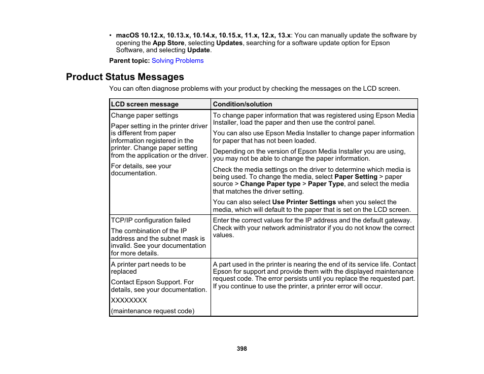 Product status messages | Epson SureColor P8570DL 44" Wide-Format Dual Roll Printer with High-Capacity 1.6L Ink Pack System User Manual | Page 398 / 462