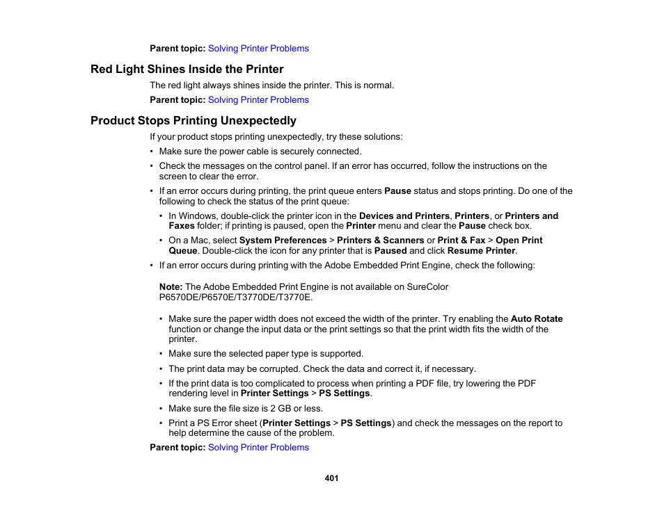 Red light shines inside the printer, Product stops printing unexpectedly | Epson SureColor P8570DL 44" Wide-Format Dual Roll Printer with High-Capacity 1.6L Ink Pack System User Manual | Page 401 / 462