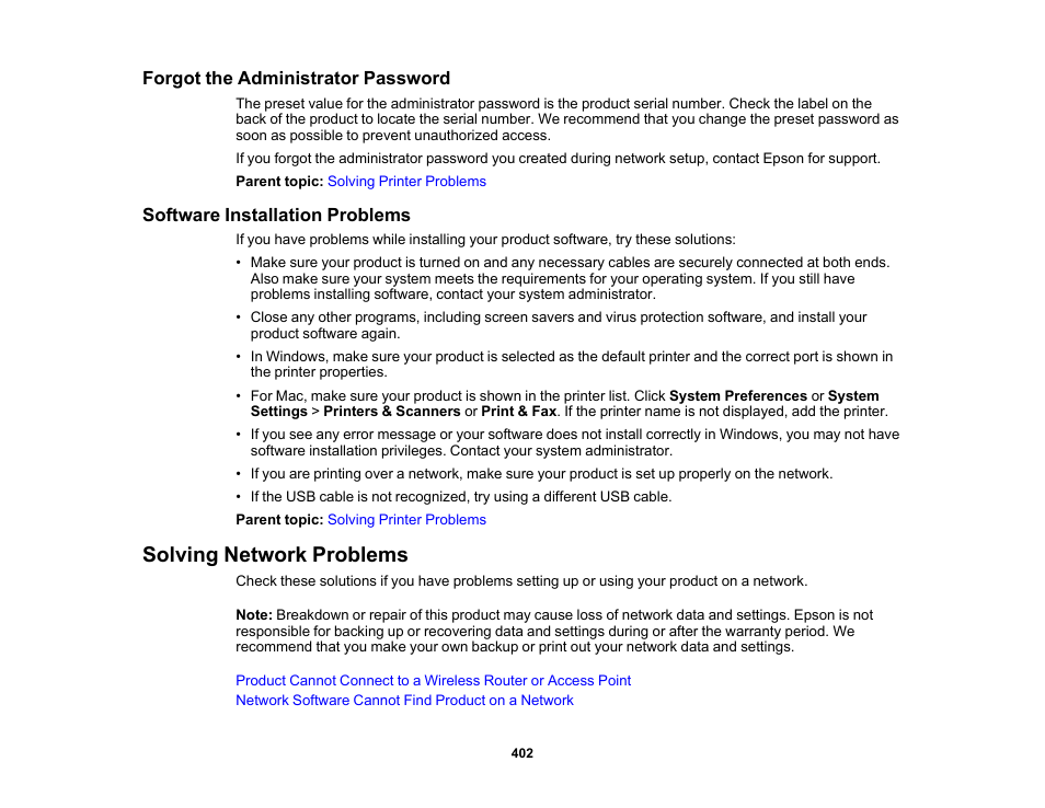 Forgot the administrator password, Software installation problems, Solving network problems | Epson SureColor P8570DL 44" Wide-Format Dual Roll Printer with High-Capacity 1.6L Ink Pack System User Manual | Page 402 / 462