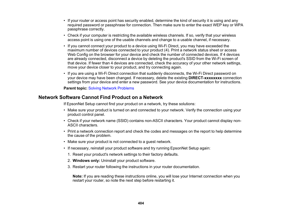 Network software cannot find product on a network | Epson SureColor P8570DL 44" Wide-Format Dual Roll Printer with High-Capacity 1.6L Ink Pack System User Manual | Page 404 / 462