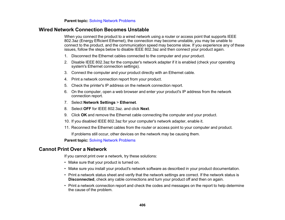 Wired network connection becomes unstable, Cannot print over a network | Epson SureColor P8570DL 44" Wide-Format Dual Roll Printer with High-Capacity 1.6L Ink Pack System User Manual | Page 406 / 462