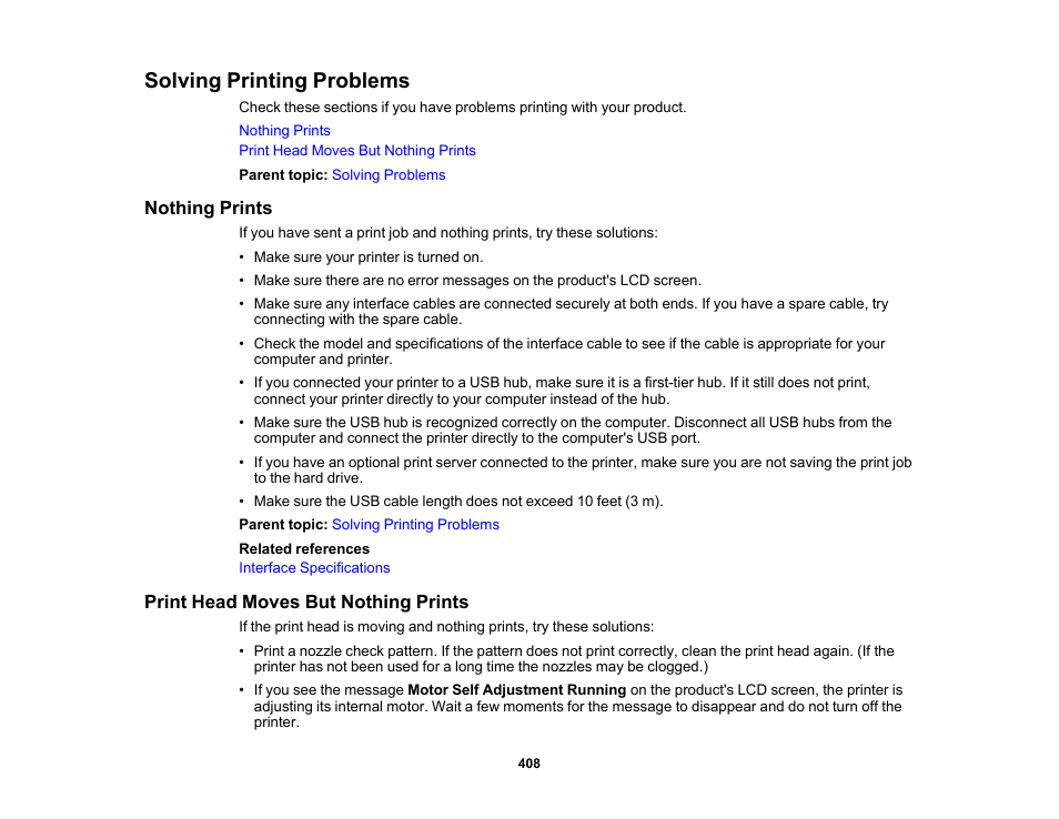 Solving printing problems, Nothing prints, Print head moves but nothing prints | Nothing prints print head moves but nothing prints | Epson SureColor P8570DL 44" Wide-Format Dual Roll Printer with High-Capacity 1.6L Ink Pack System User Manual | Page 408 / 462