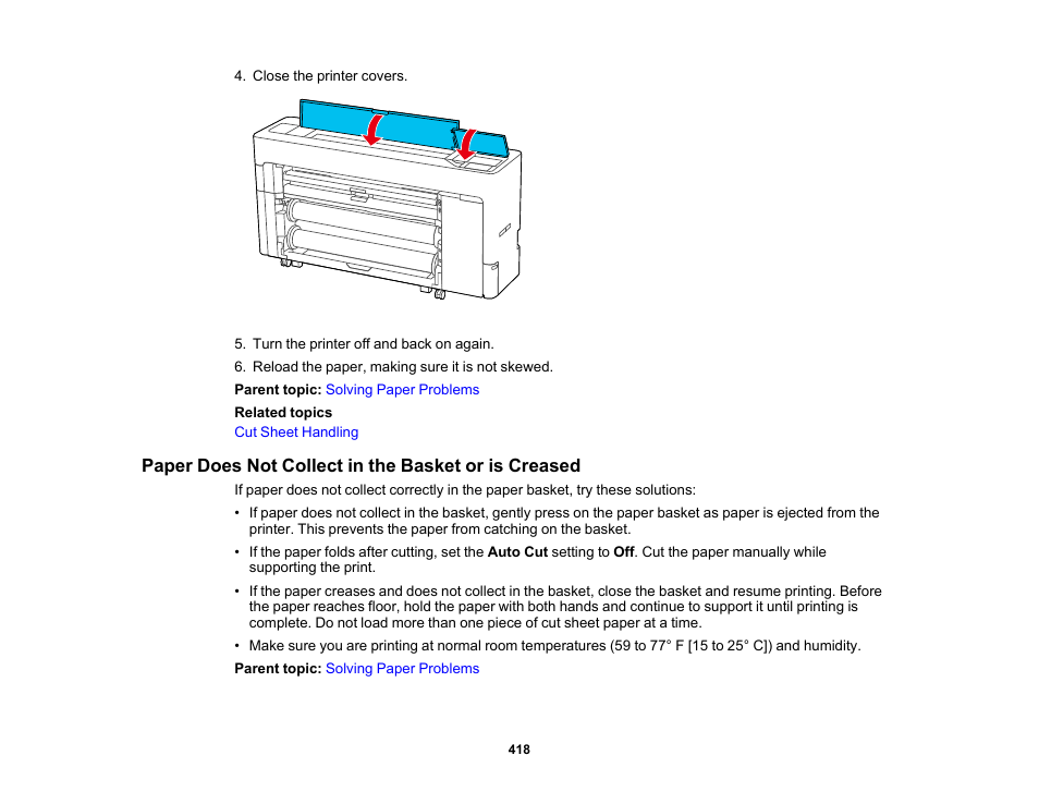 Paper does not collect in the basket or is creased | Epson SureColor P8570DL 44" Wide-Format Dual Roll Printer with High-Capacity 1.6L Ink Pack System User Manual | Page 418 / 462