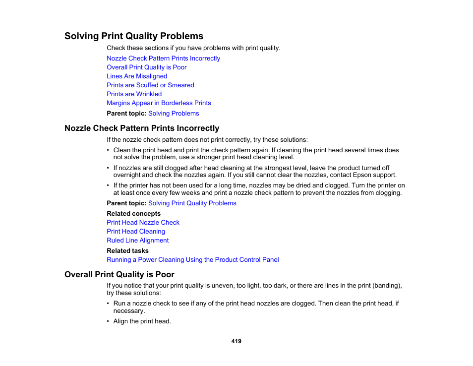 Solving print quality problems, Nozzle check pattern prints incorrectly, Overall print quality is poor | Epson SureColor P8570DL 44" Wide-Format Dual Roll Printer with High-Capacity 1.6L Ink Pack System User Manual | Page 419 / 462