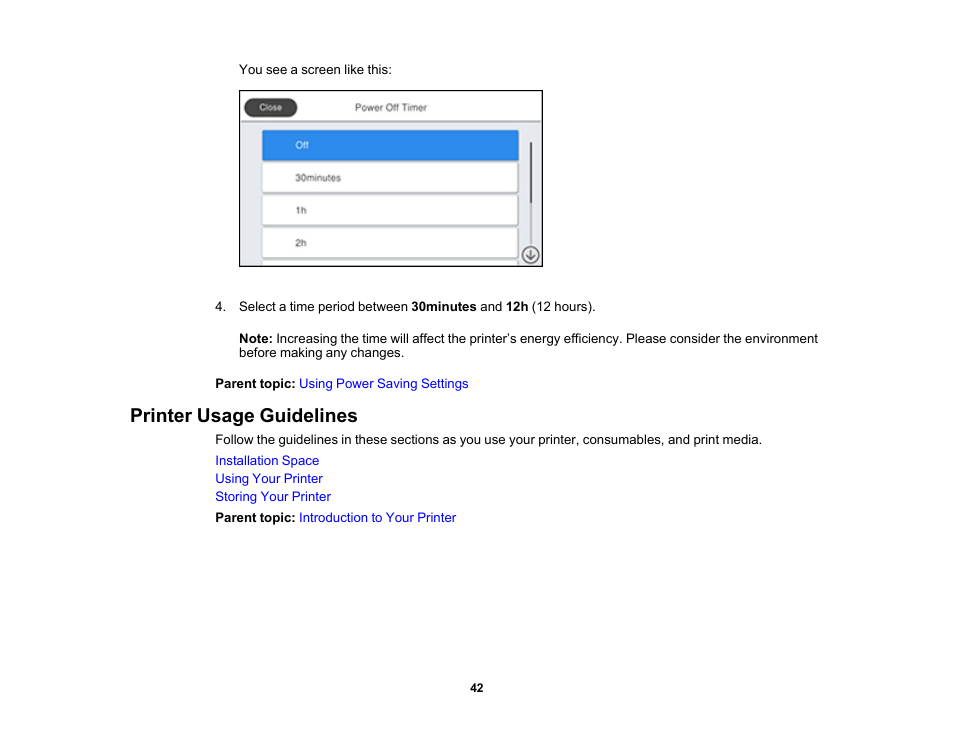 Printer usage guidelines | Epson SureColor P8570DL 44" Wide-Format Dual Roll Printer with High-Capacity 1.6L Ink Pack System User Manual | Page 42 / 462