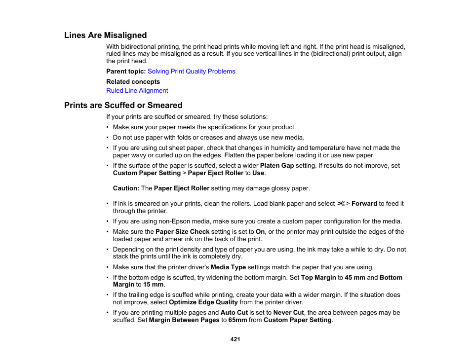 Lines are misaligned, Prints are scuffed or smeared, Lines are misaligned prints are scuffed or smeared | Epson SureColor P8570DL 44" Wide-Format Dual Roll Printer with High-Capacity 1.6L Ink Pack System User Manual | Page 421 / 462