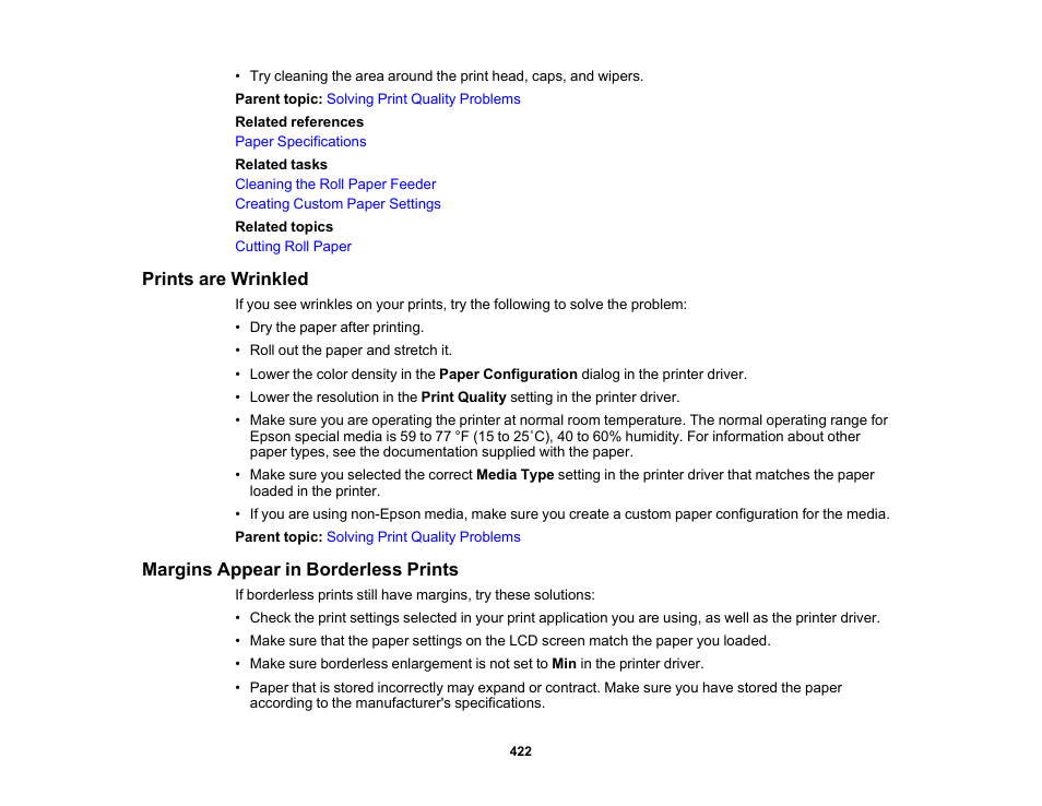 Prints are wrinkled, Margins appear in borderless prints | Epson SureColor P8570DL 44" Wide-Format Dual Roll Printer with High-Capacity 1.6L Ink Pack System User Manual | Page 422 / 462