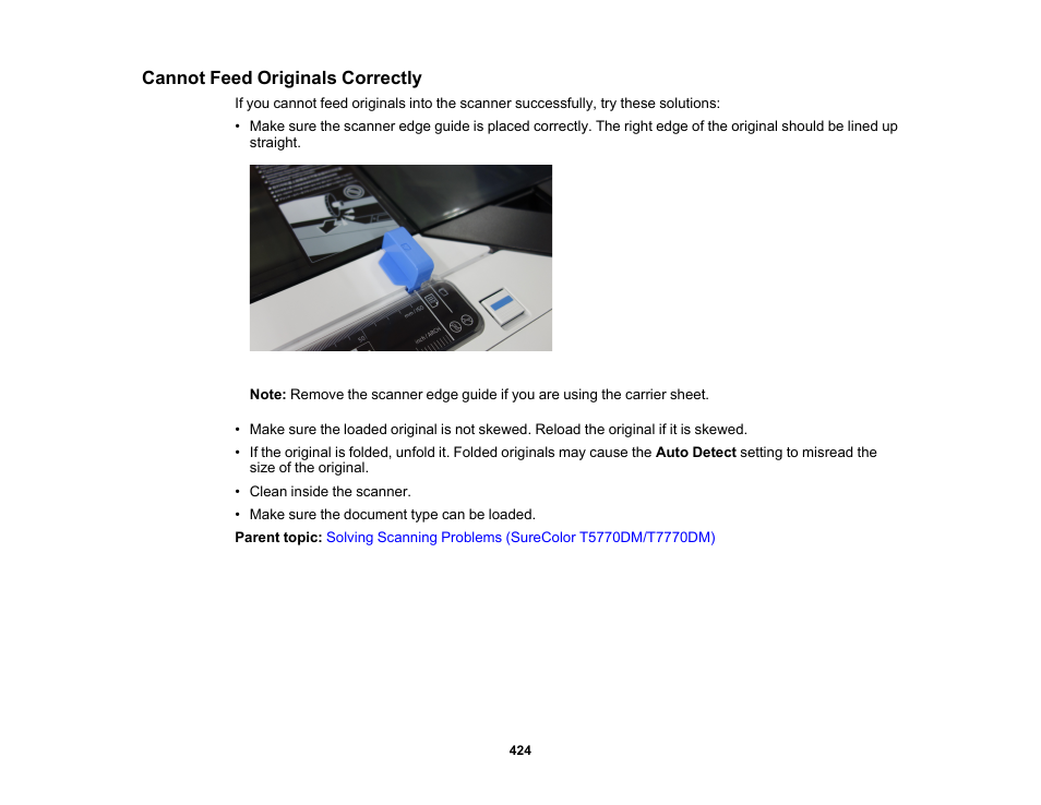 Cannot feed originals correctly | Epson SureColor P8570DL 44" Wide-Format Dual Roll Printer with High-Capacity 1.6L Ink Pack System User Manual | Page 424 / 462