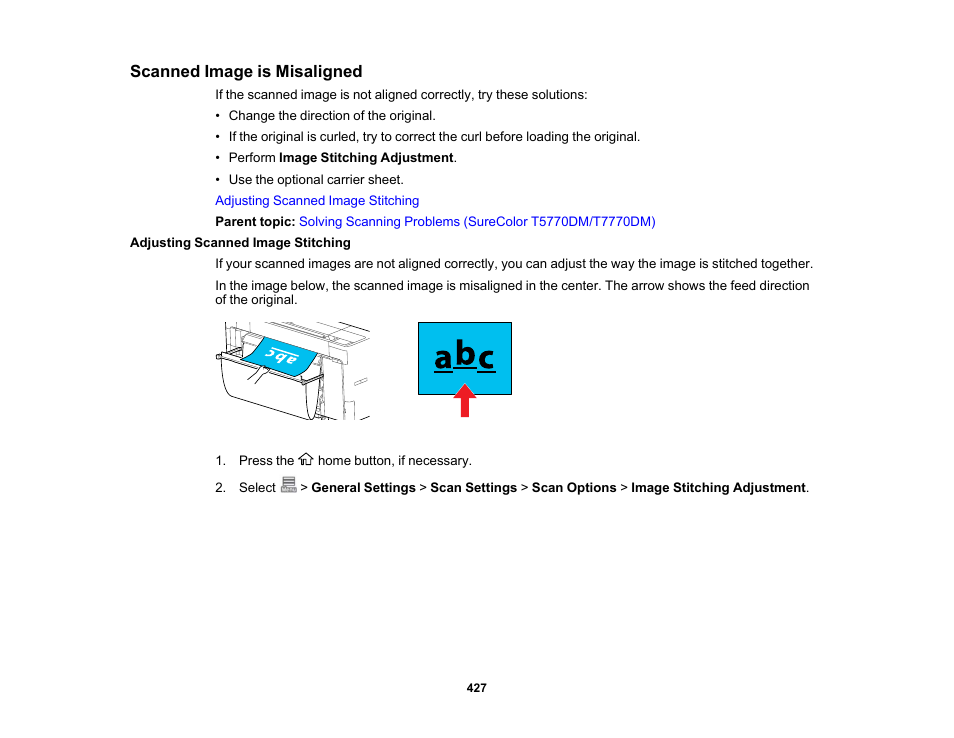 Scanned image is misaligned, Adjusting scanned image stitching | Epson SureColor P8570DL 44" Wide-Format Dual Roll Printer with High-Capacity 1.6L Ink Pack System User Manual | Page 427 / 462