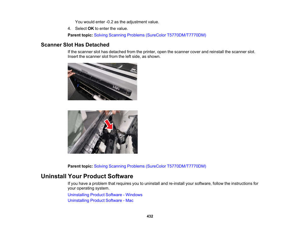 Scanner slot has detached, Uninstall your product software | Epson SureColor P8570DL 44" Wide-Format Dual Roll Printer with High-Capacity 1.6L Ink Pack System User Manual | Page 432 / 462