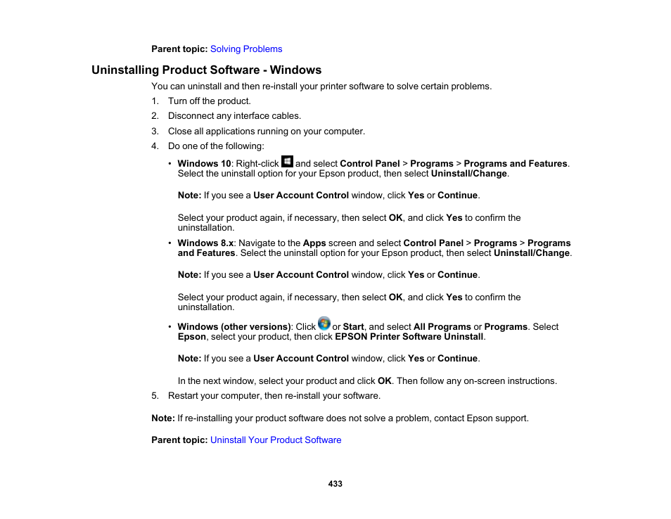 Uninstalling product software - windows | Epson SureColor P8570DL 44" Wide-Format Dual Roll Printer with High-Capacity 1.6L Ink Pack System User Manual | Page 433 / 462