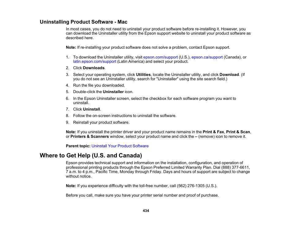 Uninstalling product software - mac, Where to get help (u.s. and canada) | Epson SureColor P8570DL 44" Wide-Format Dual Roll Printer with High-Capacity 1.6L Ink Pack System User Manual | Page 434 / 462