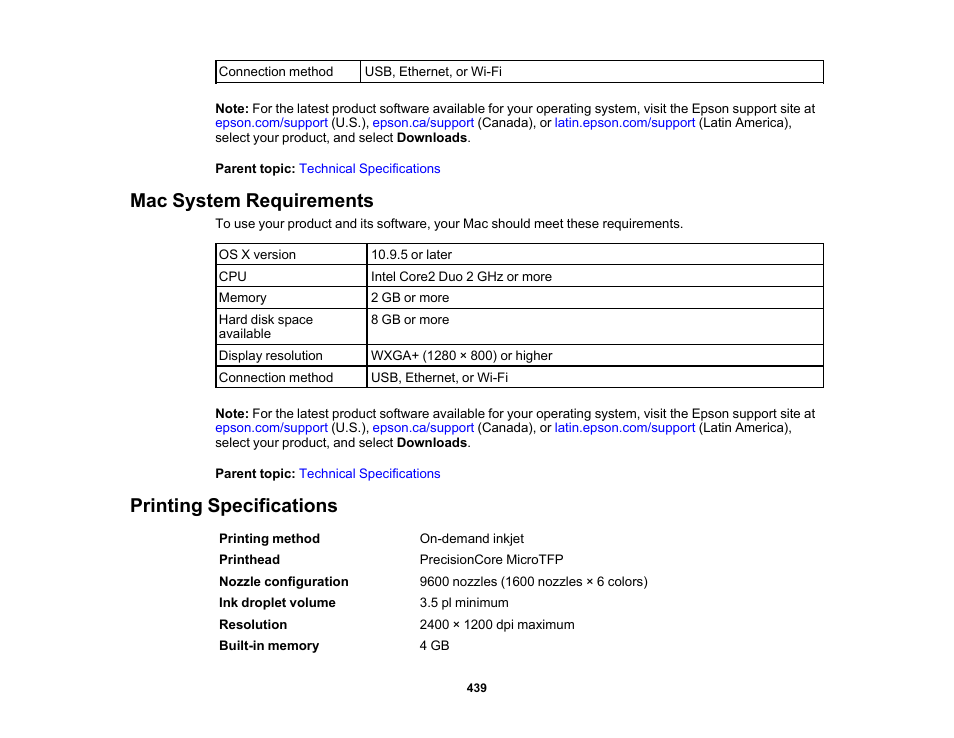 Mac system requirements, Printing specifications, Mac system requirements printing specifications | Epson SureColor P8570DL 44" Wide-Format Dual Roll Printer with High-Capacity 1.6L Ink Pack System User Manual | Page 439 / 462