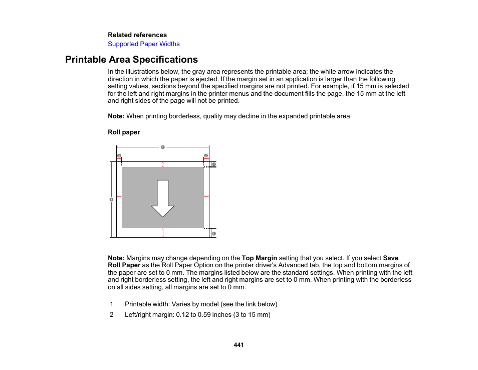 Printable area specifications | Epson SureColor P8570DL 44" Wide-Format Dual Roll Printer with High-Capacity 1.6L Ink Pack System User Manual | Page 441 / 462
