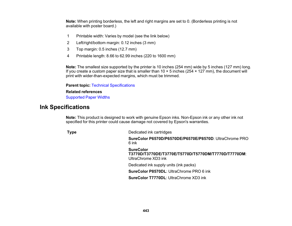 Ink specifications | Epson SureColor P8570DL 44" Wide-Format Dual Roll Printer with High-Capacity 1.6L Ink Pack System User Manual | Page 443 / 462