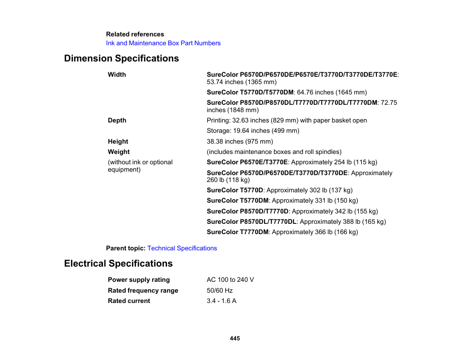 Dimension specifications, Electrical specifications, Dimension specifications electrical specifications | Epson SureColor P8570DL 44" Wide-Format Dual Roll Printer with High-Capacity 1.6L Ink Pack System User Manual | Page 445 / 462