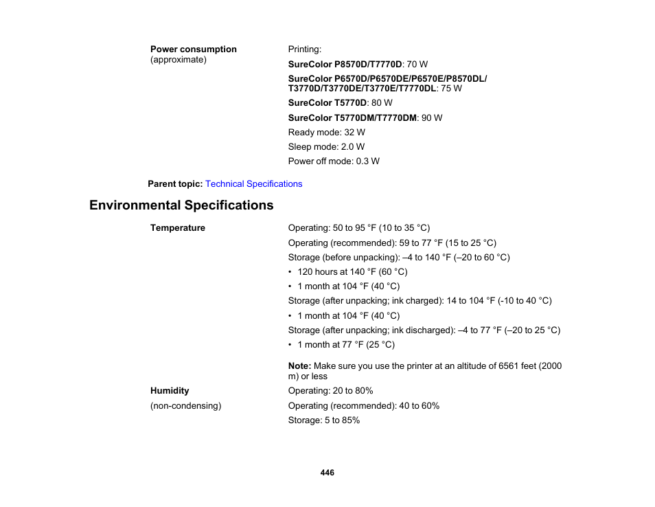 Environmental specifications | Epson SureColor P8570DL 44" Wide-Format Dual Roll Printer with High-Capacity 1.6L Ink Pack System User Manual | Page 446 / 462