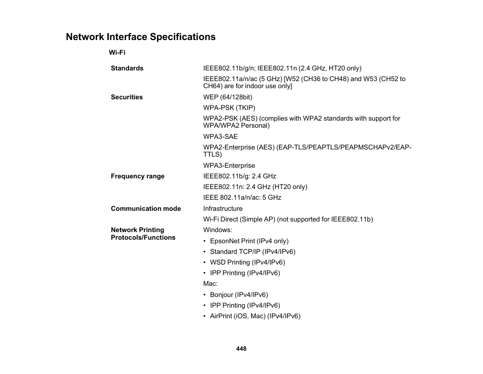 Network interface specifications | Epson SureColor P8570DL 44" Wide-Format Dual Roll Printer with High-Capacity 1.6L Ink Pack System User Manual | Page 448 / 462