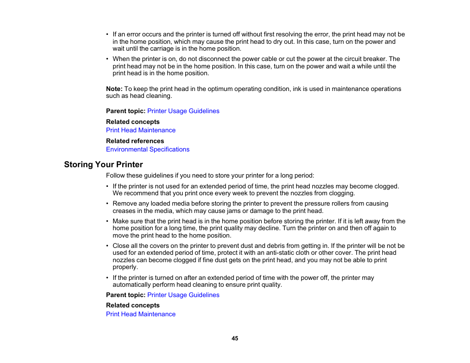 Storing your printer | Epson SureColor P8570DL 44" Wide-Format Dual Roll Printer with High-Capacity 1.6L Ink Pack System User Manual | Page 45 / 462
