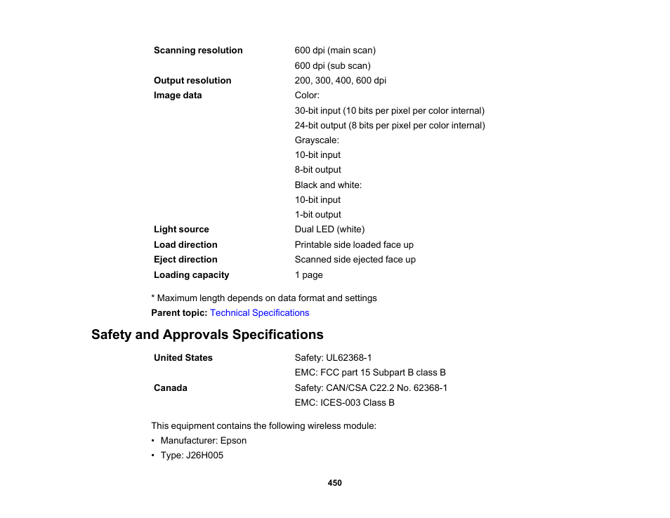 Safety and approvals specifications | Epson SureColor P8570DL 44" Wide-Format Dual Roll Printer with High-Capacity 1.6L Ink Pack System User Manual | Page 450 / 462
