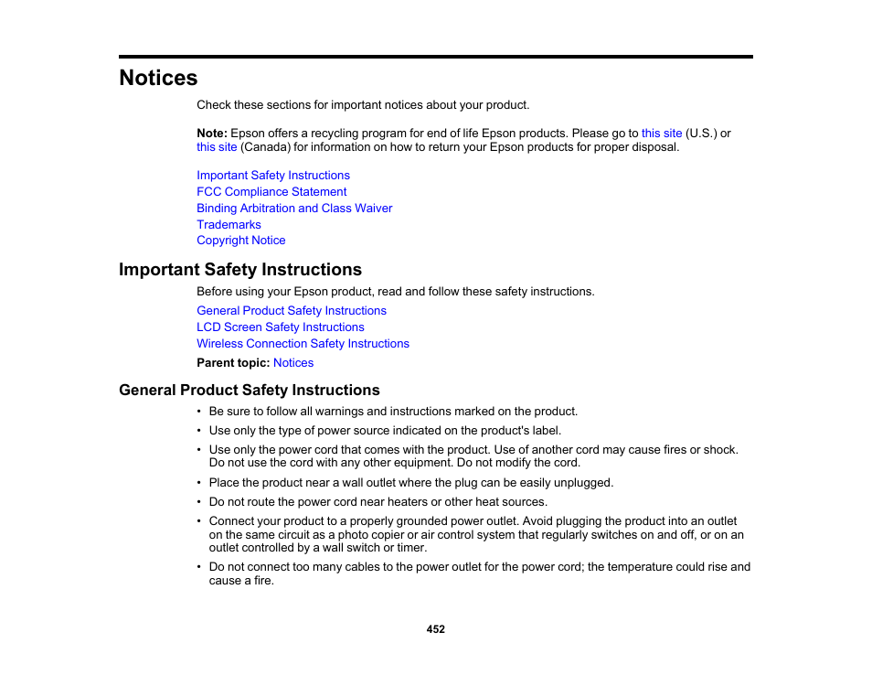 Notices, Important safety instructions, General product safety instructions | Epson SureColor P8570DL 44" Wide-Format Dual Roll Printer with High-Capacity 1.6L Ink Pack System User Manual | Page 452 / 462