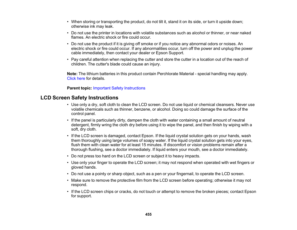 Lcd screen safety instructions | Epson SureColor P8570DL 44" Wide-Format Dual Roll Printer with High-Capacity 1.6L Ink Pack System User Manual | Page 455 / 462
