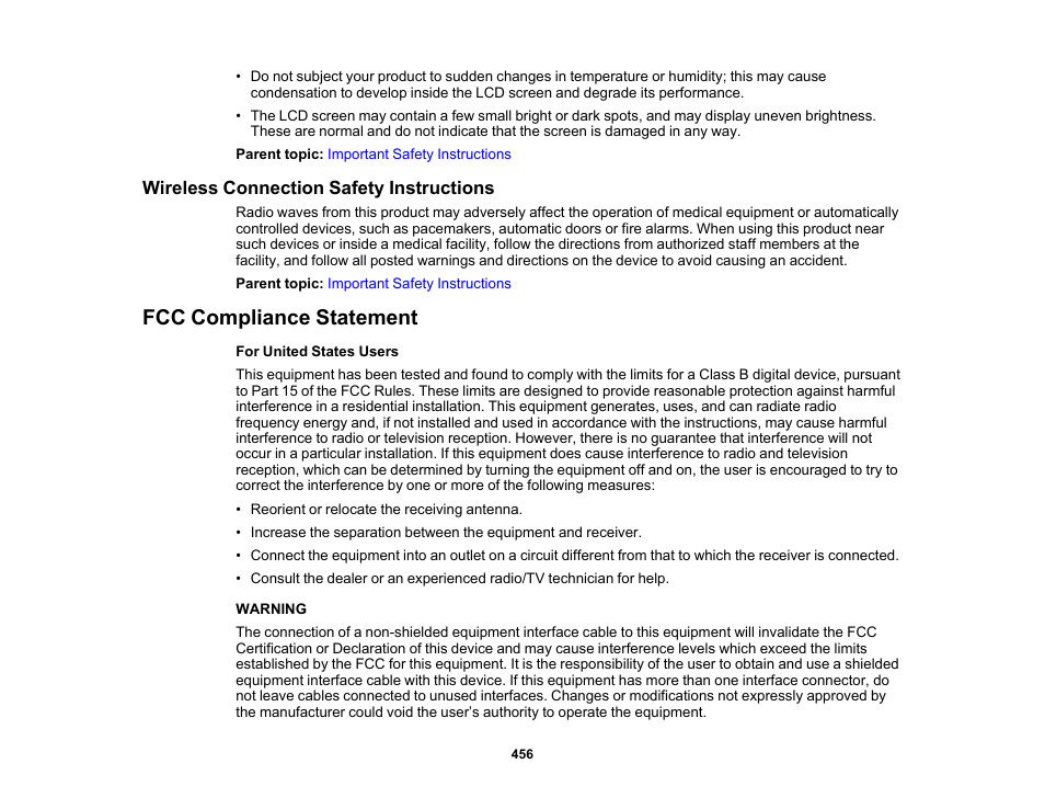 Wireless connection safety instructions, Fcc compliance statement | Epson SureColor P8570DL 44" Wide-Format Dual Roll Printer with High-Capacity 1.6L Ink Pack System User Manual | Page 456 / 462