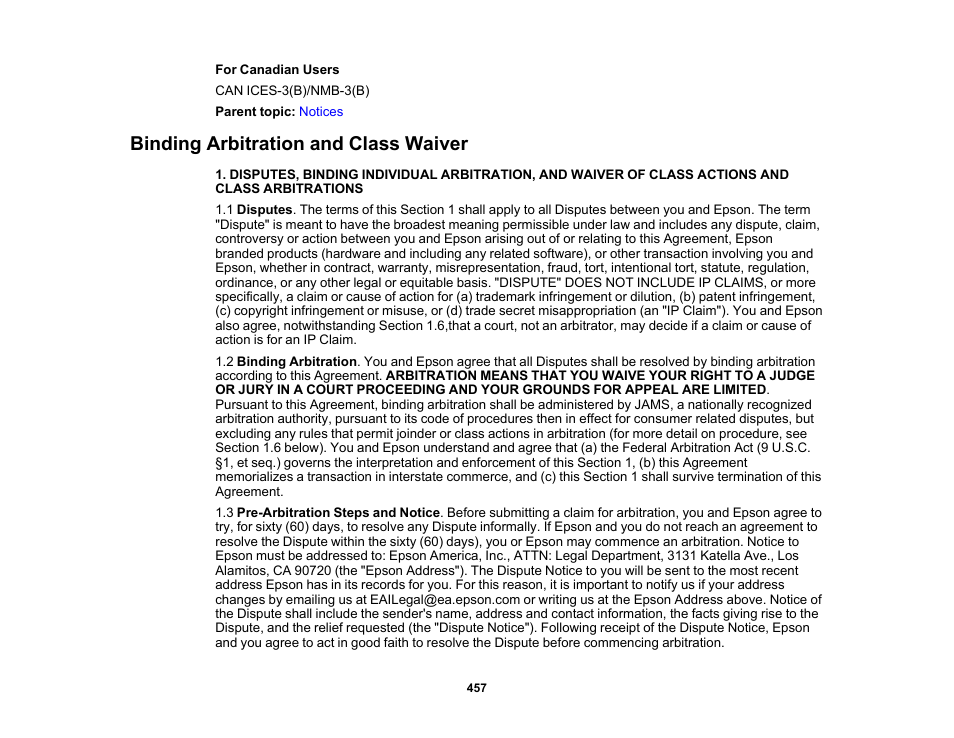 Binding arbitration and class waiver | Epson SureColor P8570DL 44" Wide-Format Dual Roll Printer with High-Capacity 1.6L Ink Pack System User Manual | Page 457 / 462
