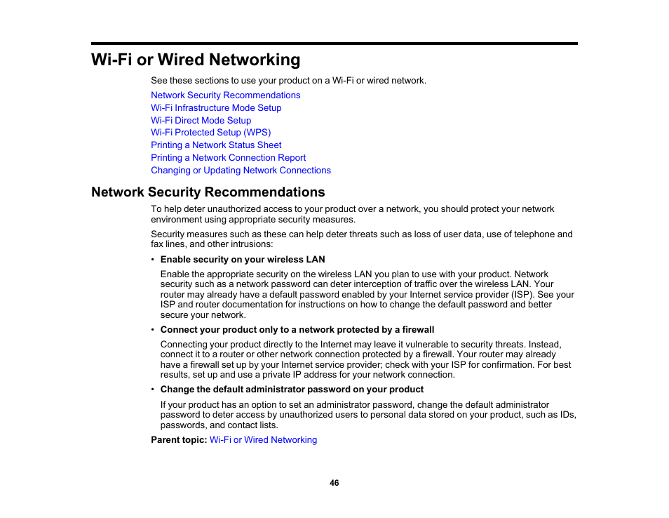Wi-fi or wired networking, Network security recommendations | Epson SureColor P8570DL 44" Wide-Format Dual Roll Printer with High-Capacity 1.6L Ink Pack System User Manual | Page 46 / 462