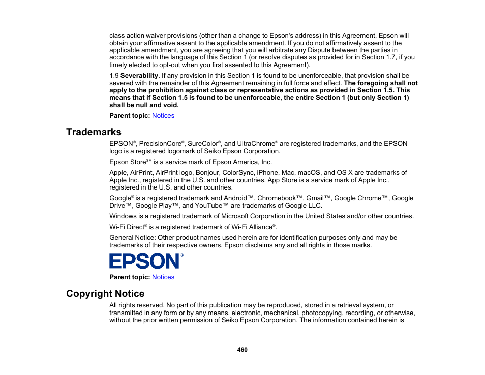 Trademarks, Copyright notice, Trademarks copyright notice | Epson SureColor P8570DL 44" Wide-Format Dual Roll Printer with High-Capacity 1.6L Ink Pack System User Manual | Page 460 / 462