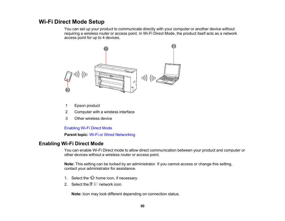 Wi-fi direct mode setup, Enabling wi-fi direct mode | Epson SureColor P8570DL 44" Wide-Format Dual Roll Printer with High-Capacity 1.6L Ink Pack System User Manual | Page 50 / 462
