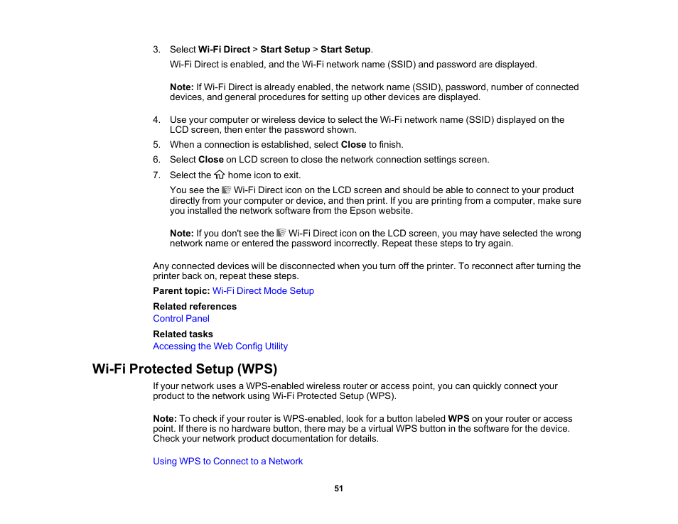 Wi-fi protected setup (wps) | Epson SureColor P8570DL 44" Wide-Format Dual Roll Printer with High-Capacity 1.6L Ink Pack System User Manual | Page 51 / 462