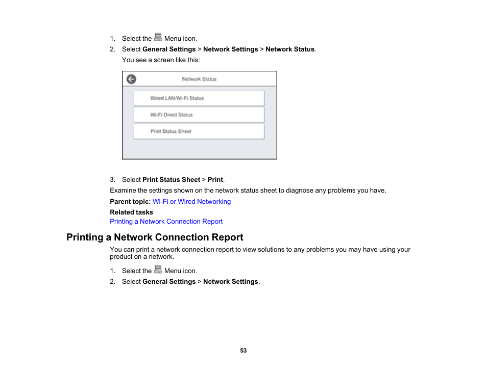 Printing a network connection report | Epson SureColor P8570DL 44" Wide-Format Dual Roll Printer with High-Capacity 1.6L Ink Pack System User Manual | Page 53 / 462