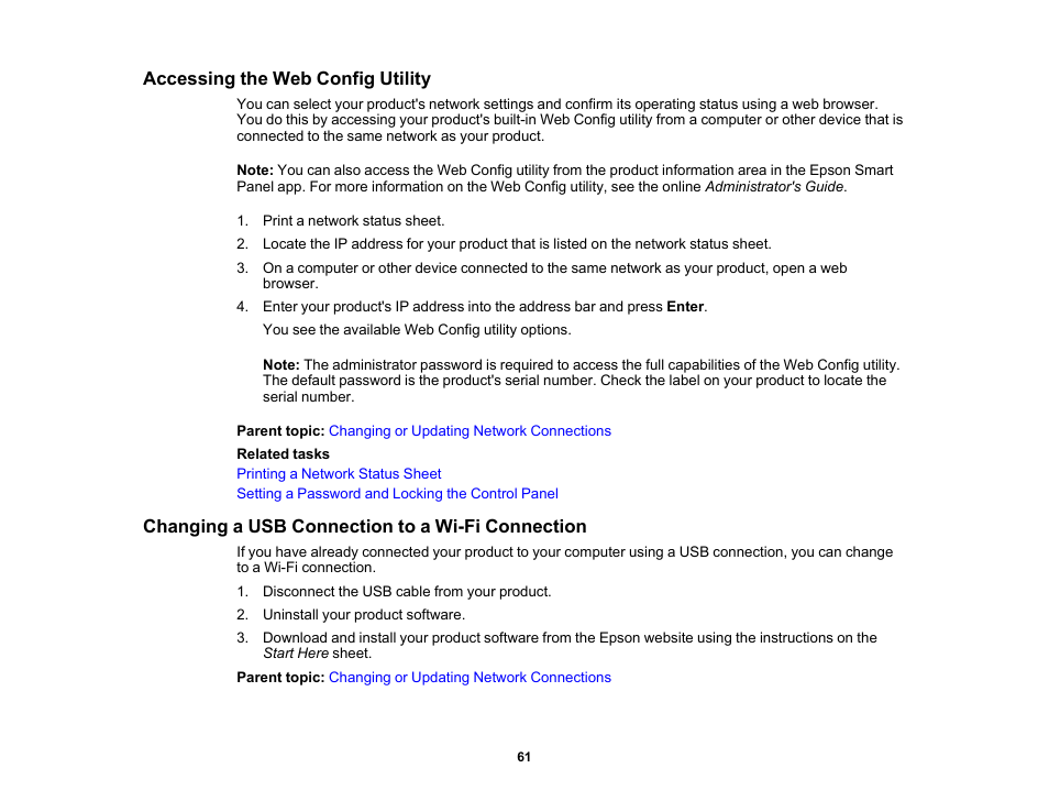 Accessing the web config utility, Changing a usb connection to a wi-fi connection | Epson SureColor P8570DL 44" Wide-Format Dual Roll Printer with High-Capacity 1.6L Ink Pack System User Manual | Page 61 / 462