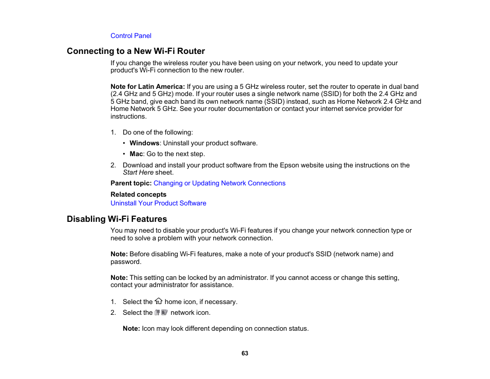 Connecting to a new wi-fi router, Disabling wi-fi features | Epson SureColor P8570DL 44" Wide-Format Dual Roll Printer with High-Capacity 1.6L Ink Pack System User Manual | Page 63 / 462