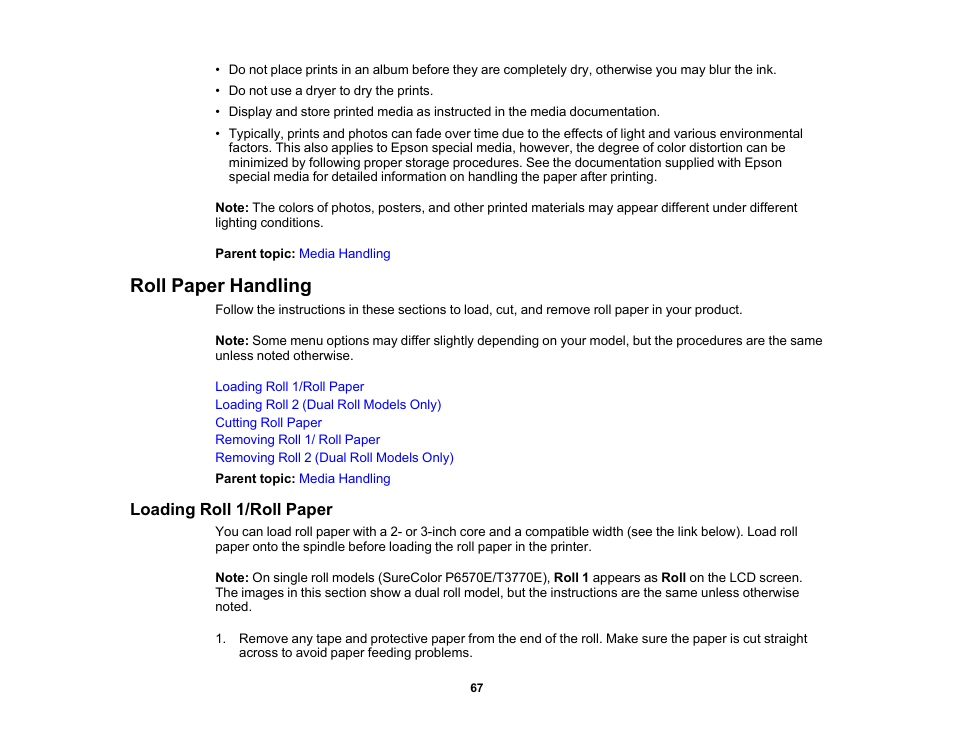 Roll paper handling, Loading roll 1/roll paper | Epson SureColor P8570DL 44" Wide-Format Dual Roll Printer with High-Capacity 1.6L Ink Pack System User Manual | Page 67 / 462