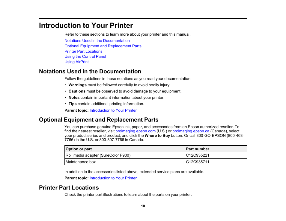 Introduction to your printer, Notations used in the documentation, Optional equipment and replacement parts | Printer part locations | Epson SureColor P900 17" Photo Printer User Manual | Page 10 / 158