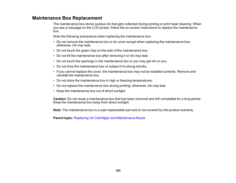 Maintenance box replacement | Epson SureColor P900 17" Photo Printer User Manual | Page 103 / 158