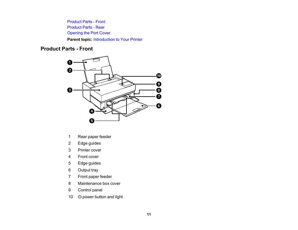 Product parts - front | Epson SureColor P900 17" Photo Printer User Manual | Page 11 / 158