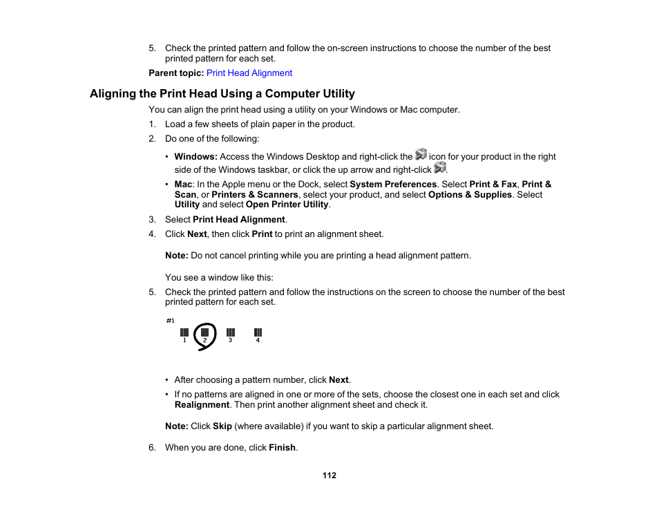 Aligning the print head using a computer utility | Epson SureColor P900 17" Photo Printer User Manual | Page 112 / 158