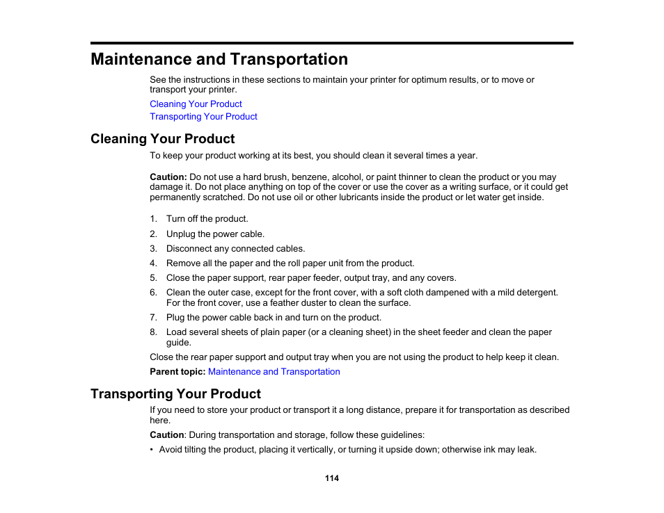 Maintenance and transportation, Cleaning your product, Transporting your product | Cleaning your product transporting your product | Epson SureColor P900 17" Photo Printer User Manual | Page 114 / 158