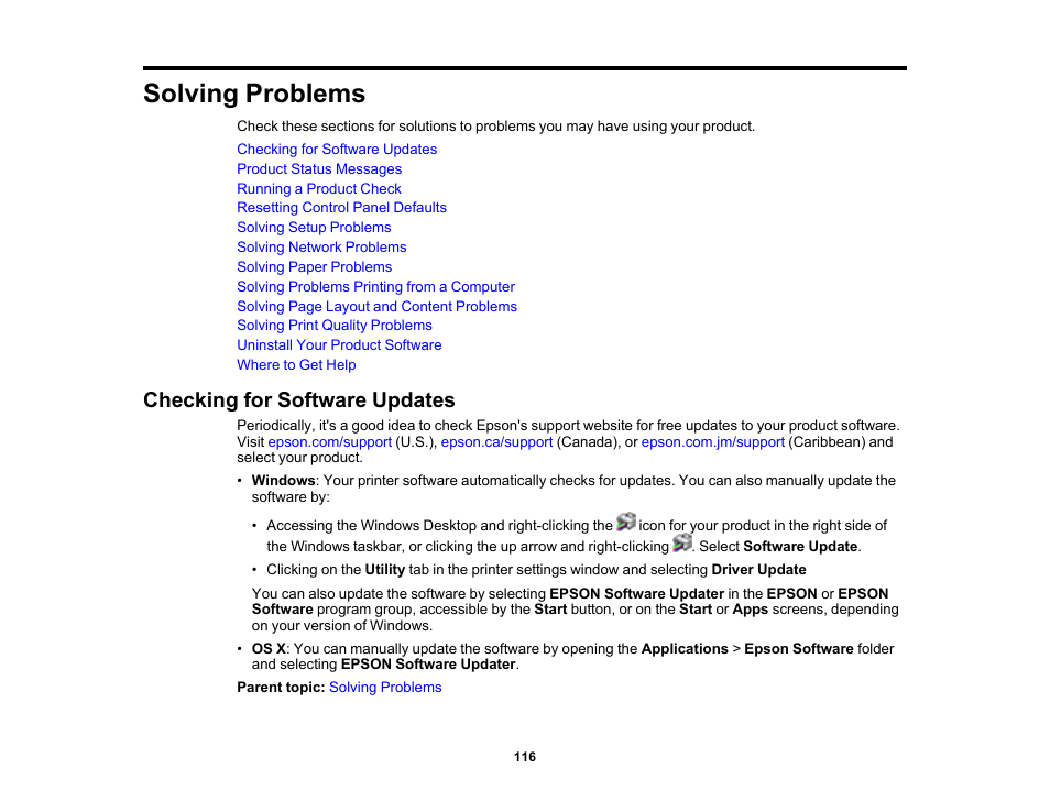 Solving problems, Checking for software updates | Epson SureColor P900 17" Photo Printer User Manual | Page 116 / 158