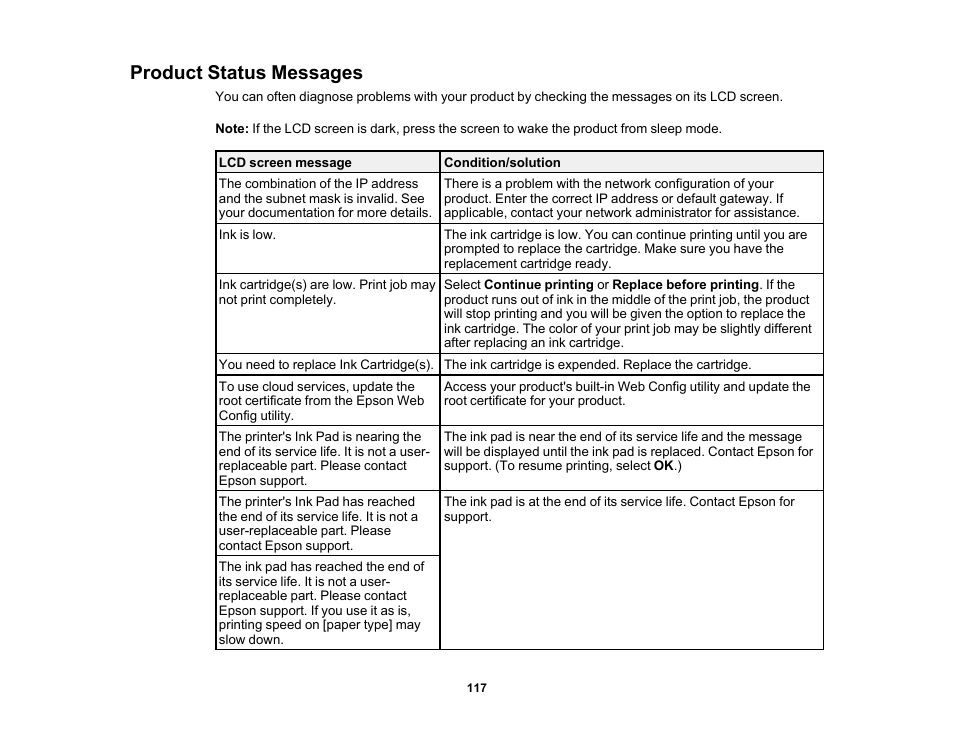 Product status messages | Epson SureColor P900 17" Photo Printer User Manual | Page 117 / 158